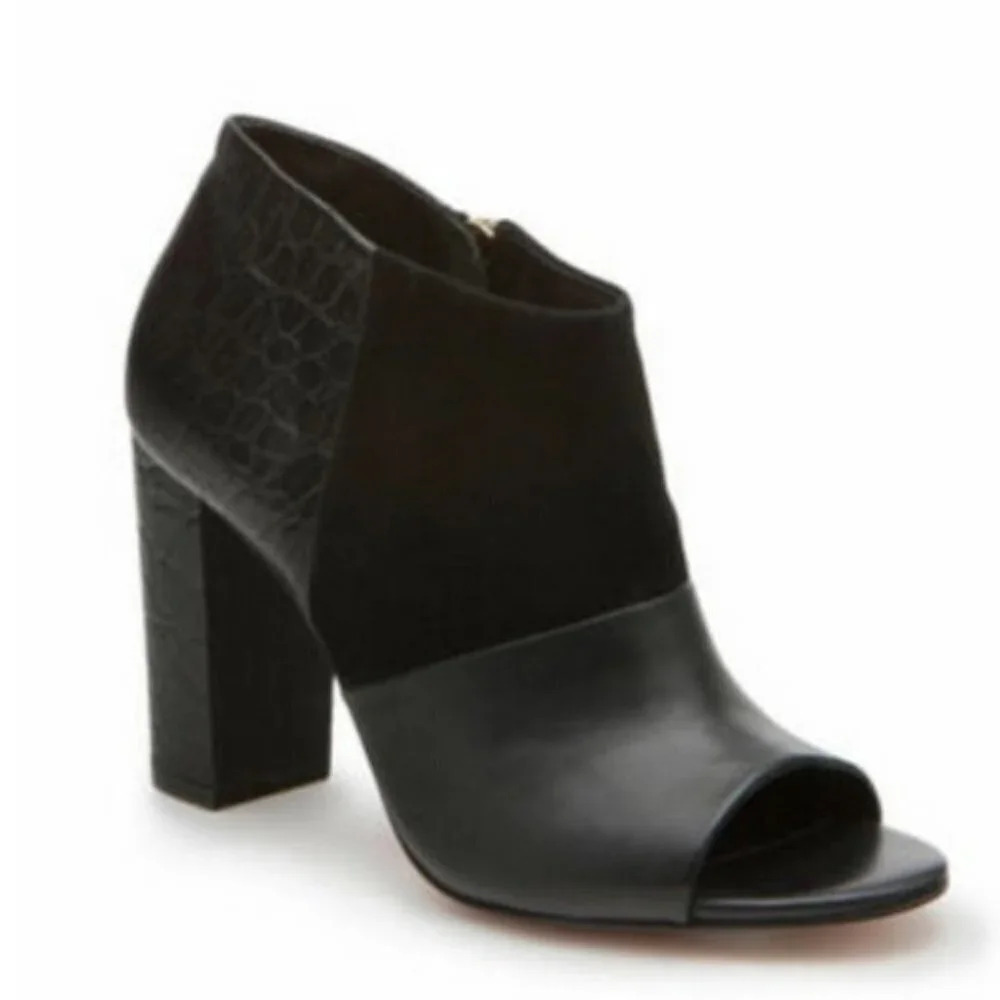 Trina Turk Los Gatos Open Toe Leather Suede Croc Black Bootie Ankle Boot Sz 7.5